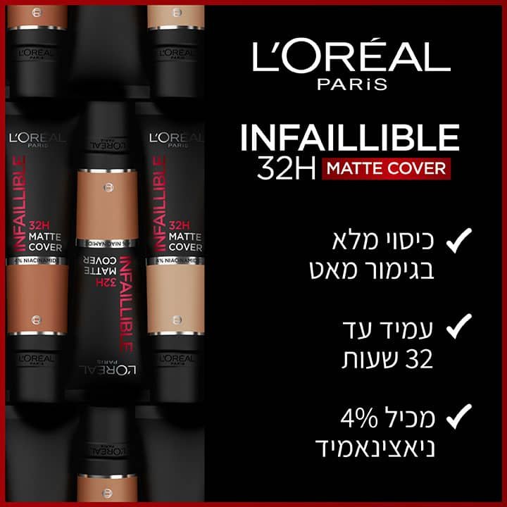 כיסוי מלא בגימור מט. עמיד עד 32 שעות, מכיל 4 אחוז ניאצינאמיד.